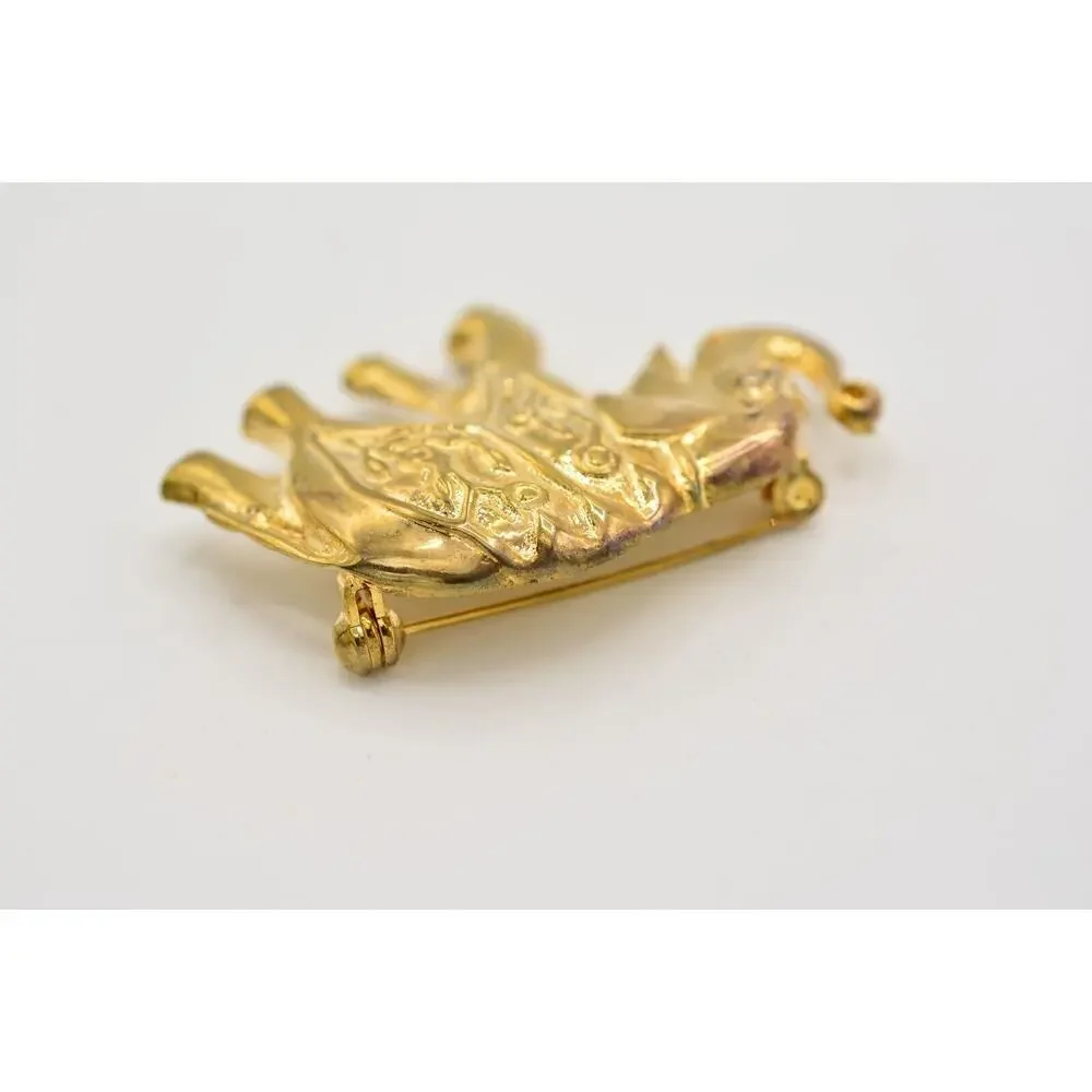 Vintage Elephant Pin Brooch Gold Rhinestone Antiqued Gold Tone Chunky 1980s 9B